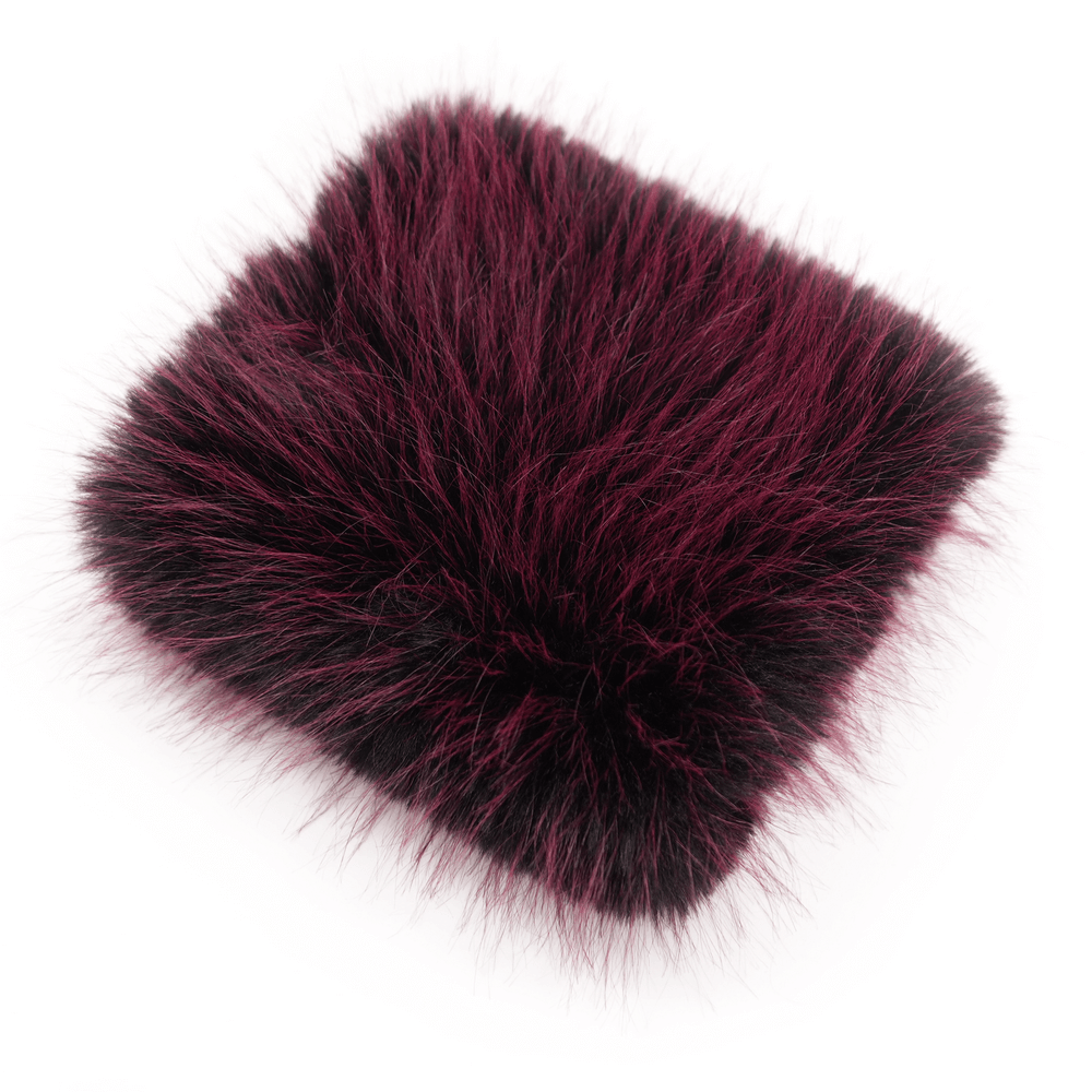 Dark red faux fur fabric swatch with plush texture for gothic-inspired winter coat.