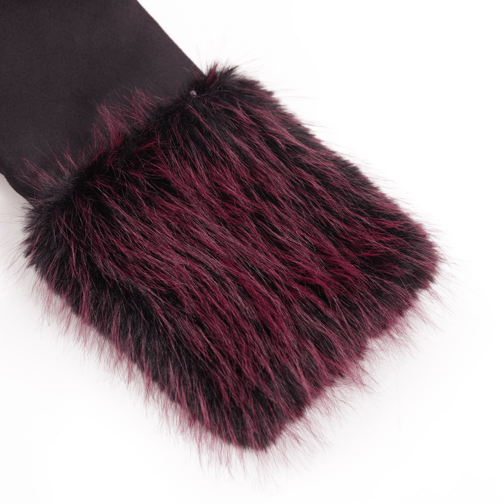 Dark gothic coat sleeve with rich faux fur trim in black and maroon hues, showcasing plush texture and edge detail.