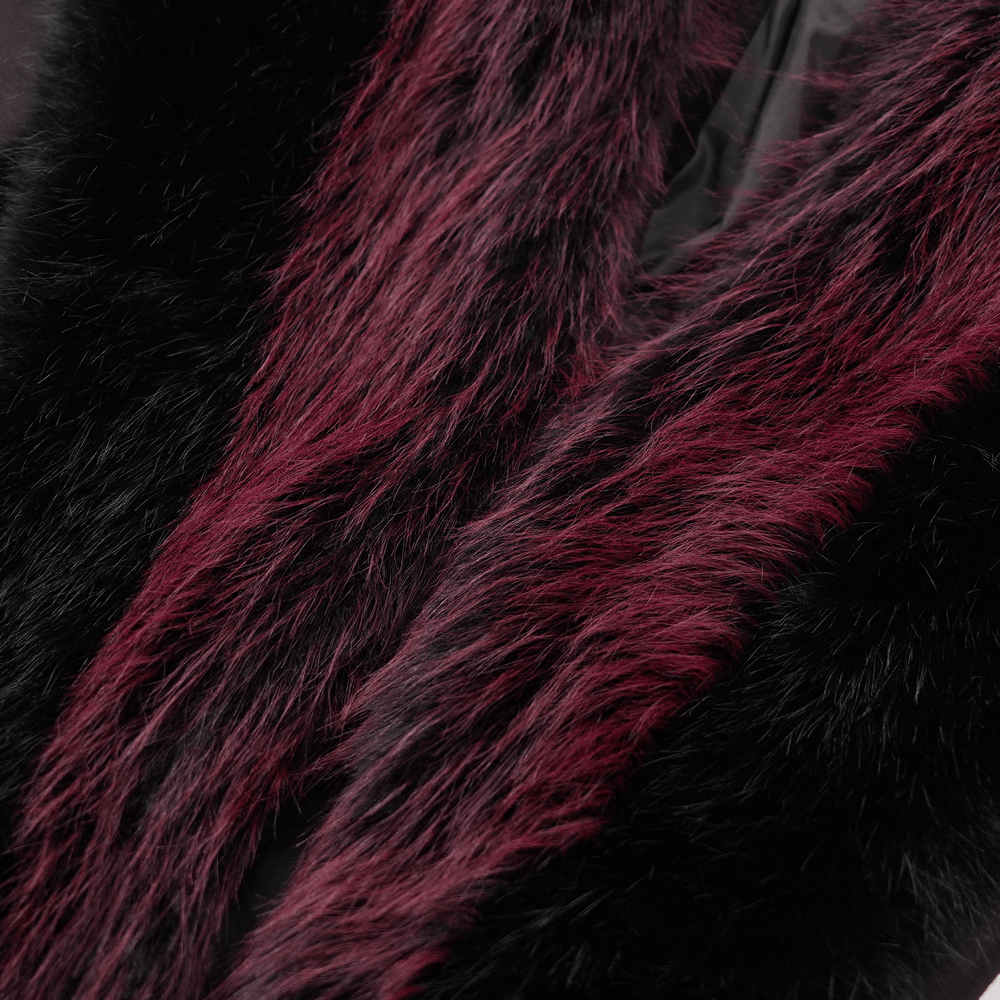 Gothic coat with dark faux fur trim detail in black and burgundy.