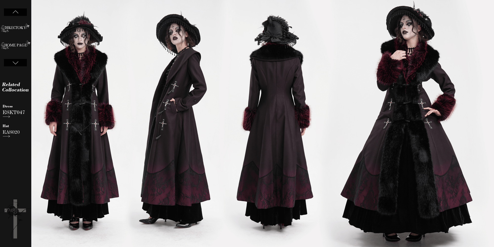 Gothic-inspired women's long coat with faux fur trim, silver cross buckles, and A-line silhouette. Perfect for edgy winter fashion.