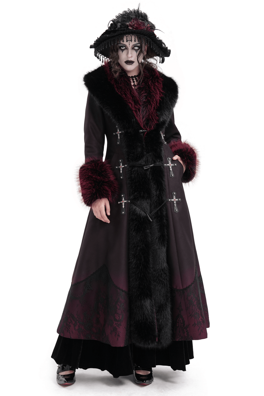 Gothic long coat with faux fur trim and silver cross buckles, perfect for winter elegance and warmth.