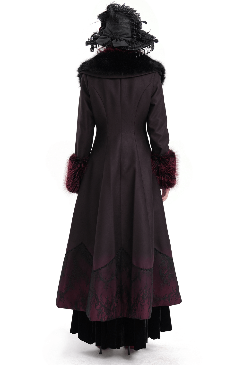 Gothic-inspired long coat with faux fur trim and cross buckles, A-line silhouette, perfect for stylish winter elegance.