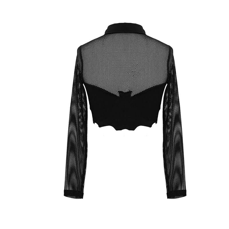 Back view of a women's punk gothic black mesh crop top with collar and long sleeves.