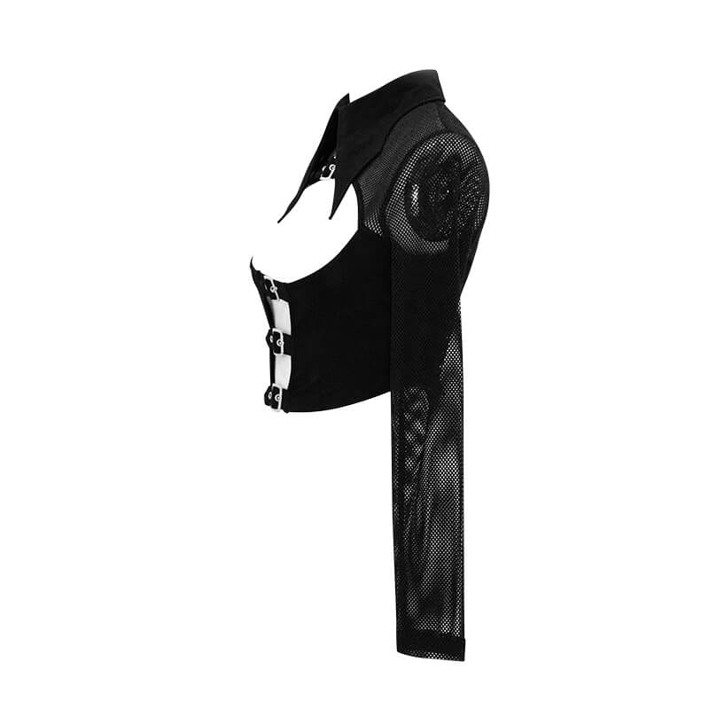 Punk gothic black mesh crop top with buckle and collar, featuring stylish long sleeves and a fitted design.