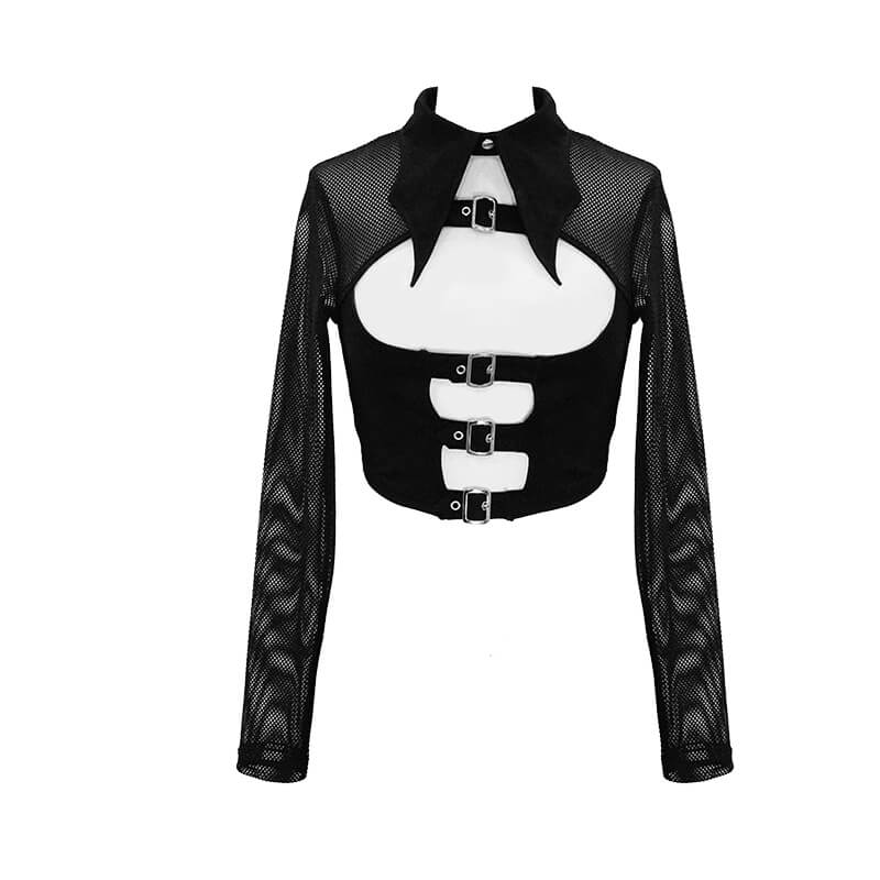 Punk Gothic black mesh crop top with buckle and collar, featuring stylish straps and a unique design for a chic look.