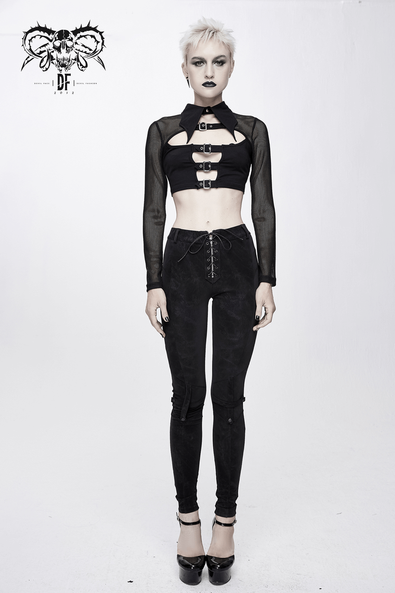 Punk gothic black mesh crop top with buckle and collar, paired with stylish black pants, perfect for alternative fashion.