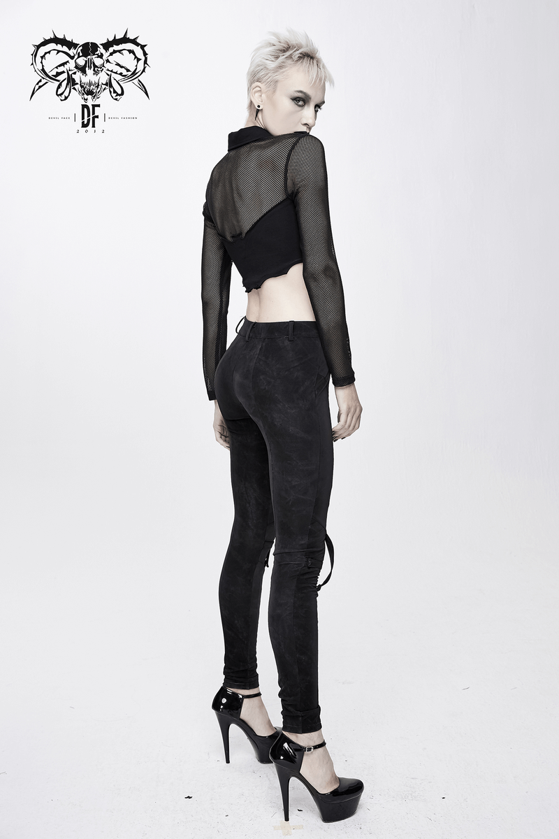 Stylish model showcasing a punk gothic black mesh crop top with buckle and collar, paired with sleek black leggings.