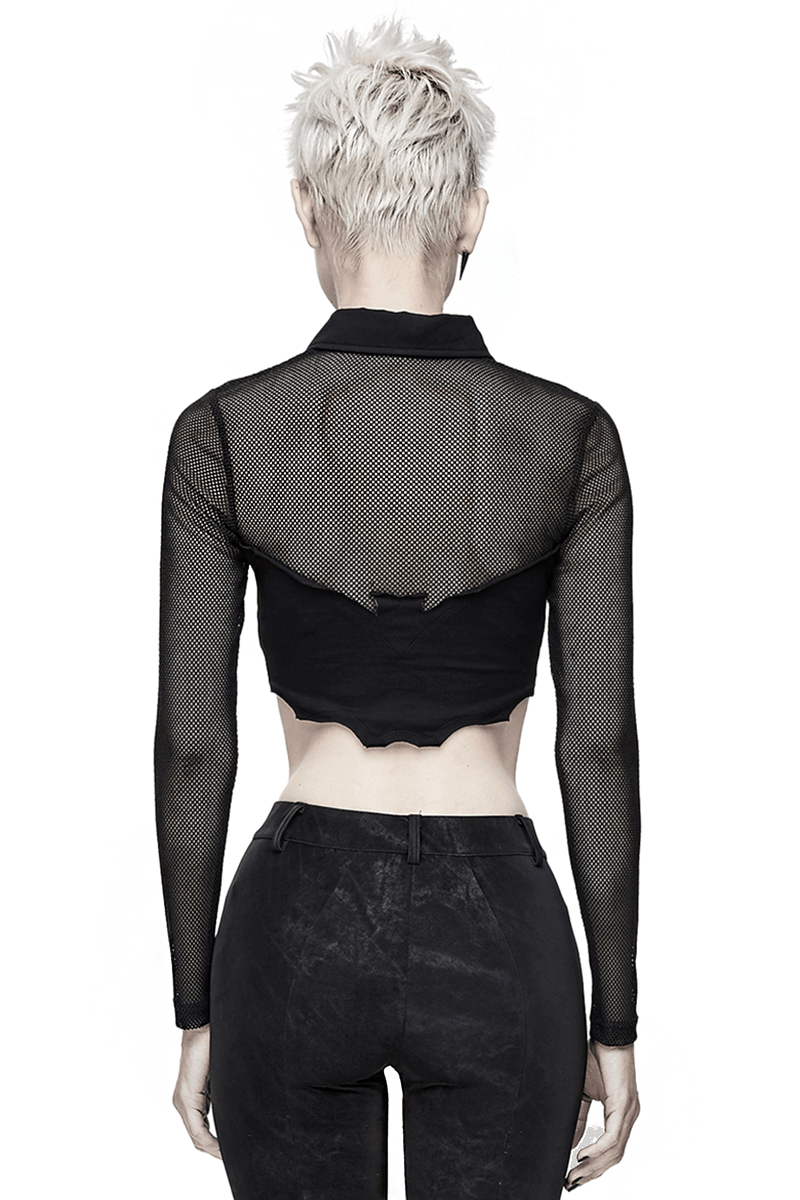 Back view of a punk gothic black mesh crop top with collar and buckle, perfect for a stylish edgy look.