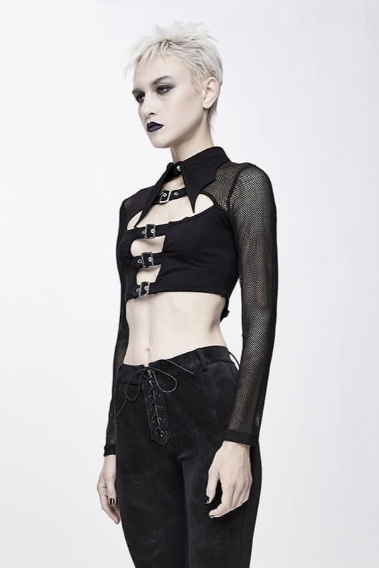 Women's Long Mesh Sleeves Buckle Crop Top / Punk Gothic Black Short Mesh Tops with Turn Down Collar - HARD'N'HEAVY