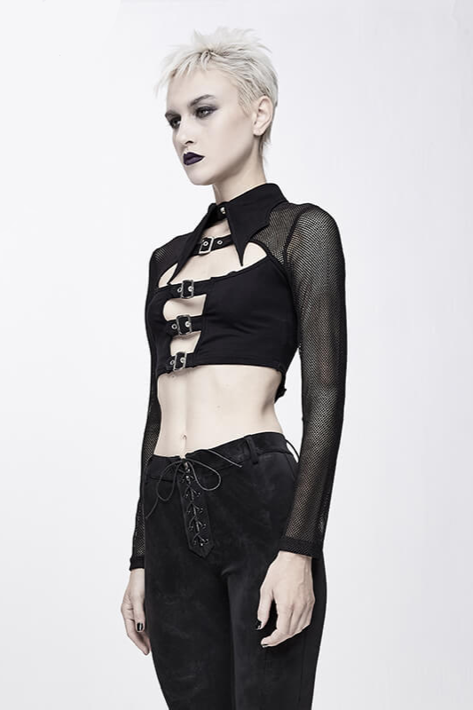 Punk gothic black mesh crop top with buckle and collar, perfect for edgy women's fashion.
