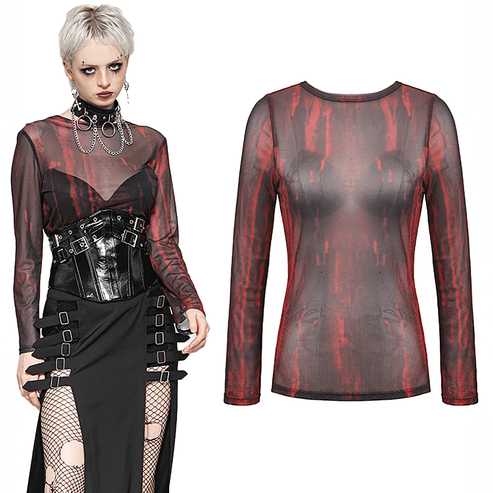 Edgy Women's Long Sleeved Sheer Mesh Top in bold red and black pattern, perfect for adding a grunge aesthetic to any outfit.