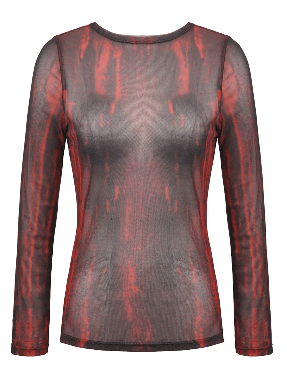 Edgy women's long-sleeved sheer mesh top in bold red and black pattern, perfect for a grunge aesthetic.