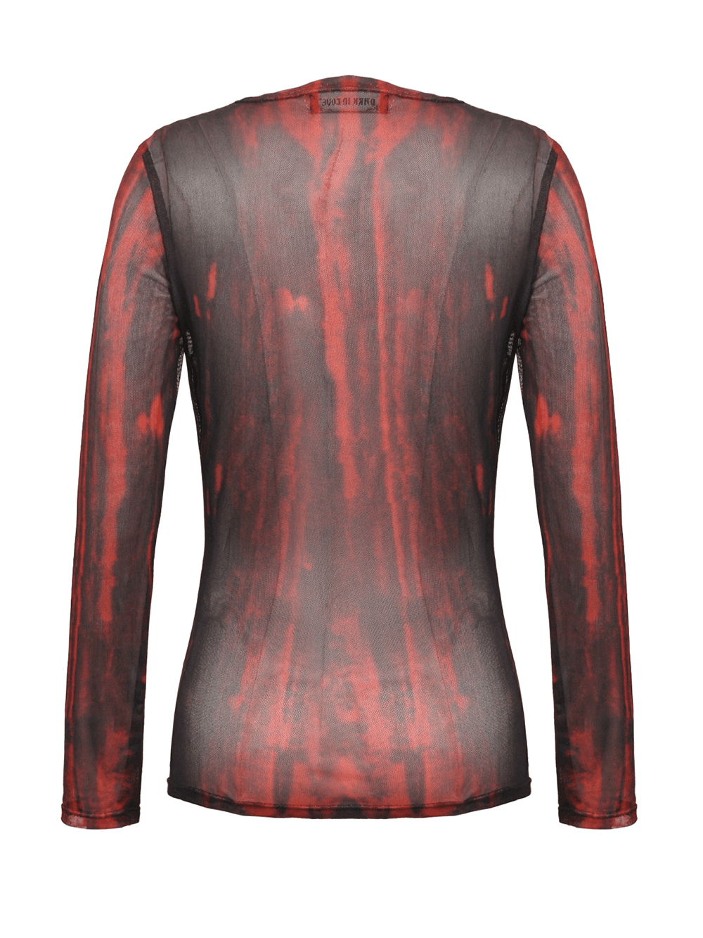 Women's long sleeved sheer mesh top in bold red and black pattern, back view showcasing edgy design.