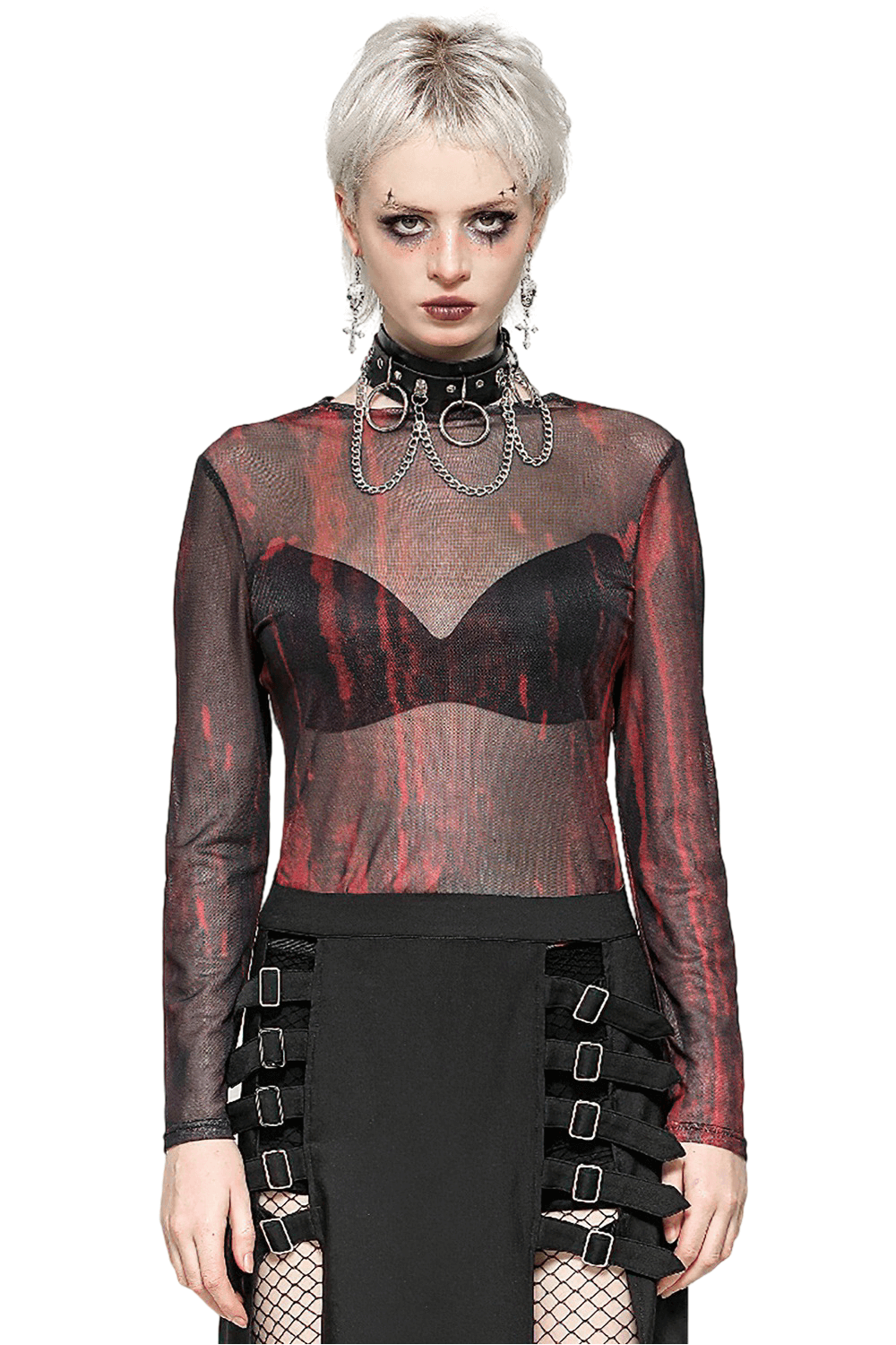 Edgy women's long-sleeved sheer mesh top in bold red and black, perfect for a grunge aesthetic.