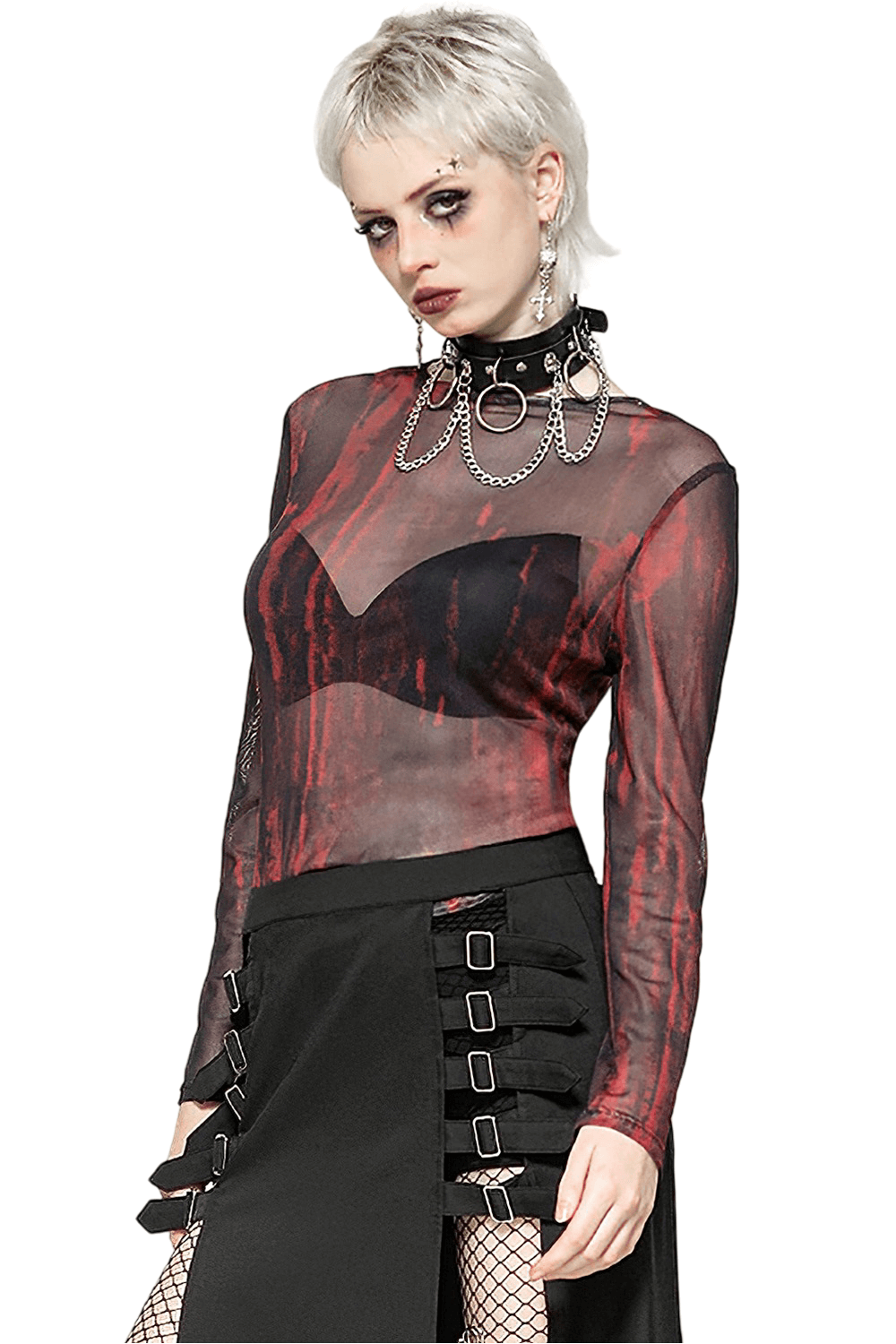 Women's long sleeved sheer mesh top in bold red and black pattern for an edgy grunge look.