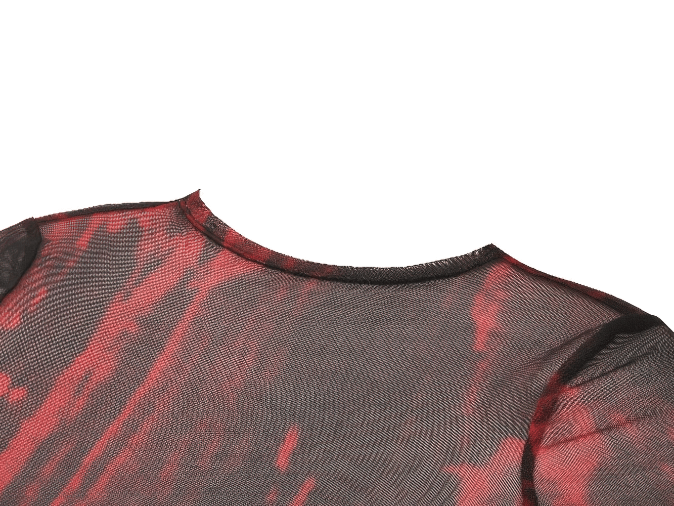 Edgy women's long sleeved sheer mesh top in red and black, perfect for a bold, grunge-inspired look.