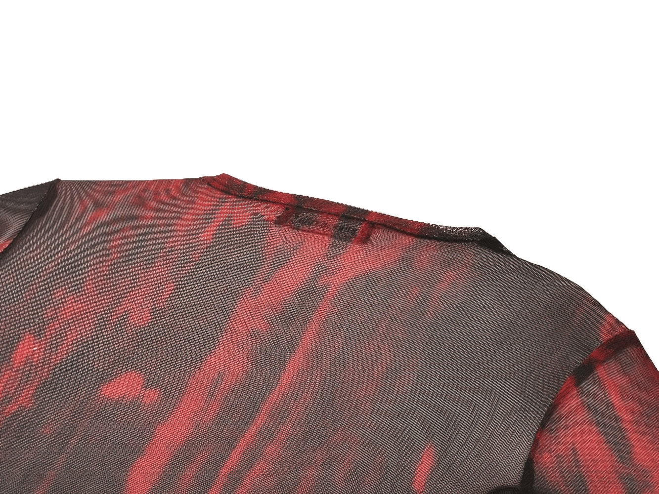 Close-up of women's sheer mesh top in bold red and black pattern, showcasing its edgy design and long sleeves.