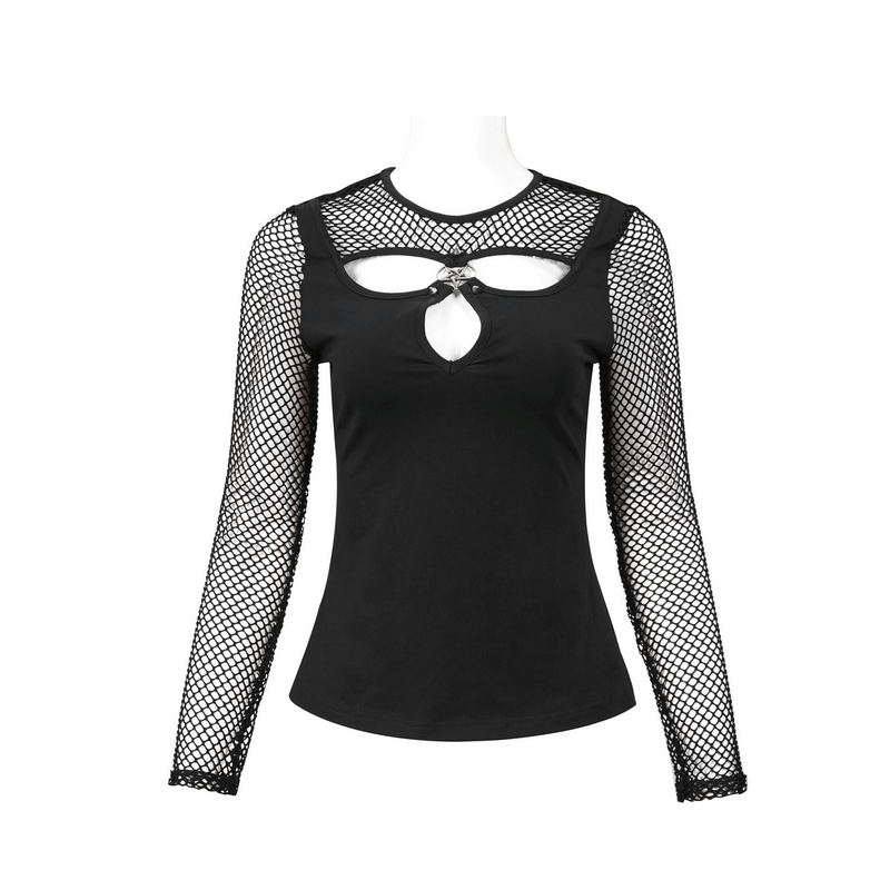 Women's black gothic top with mesh sleeves and cut-out detail, featuring a stylish pentagram design.