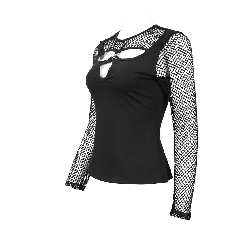 Gothic women's black long sleeve top with mesh sleeves and pentagram detail, perfect for a stylish outfit.