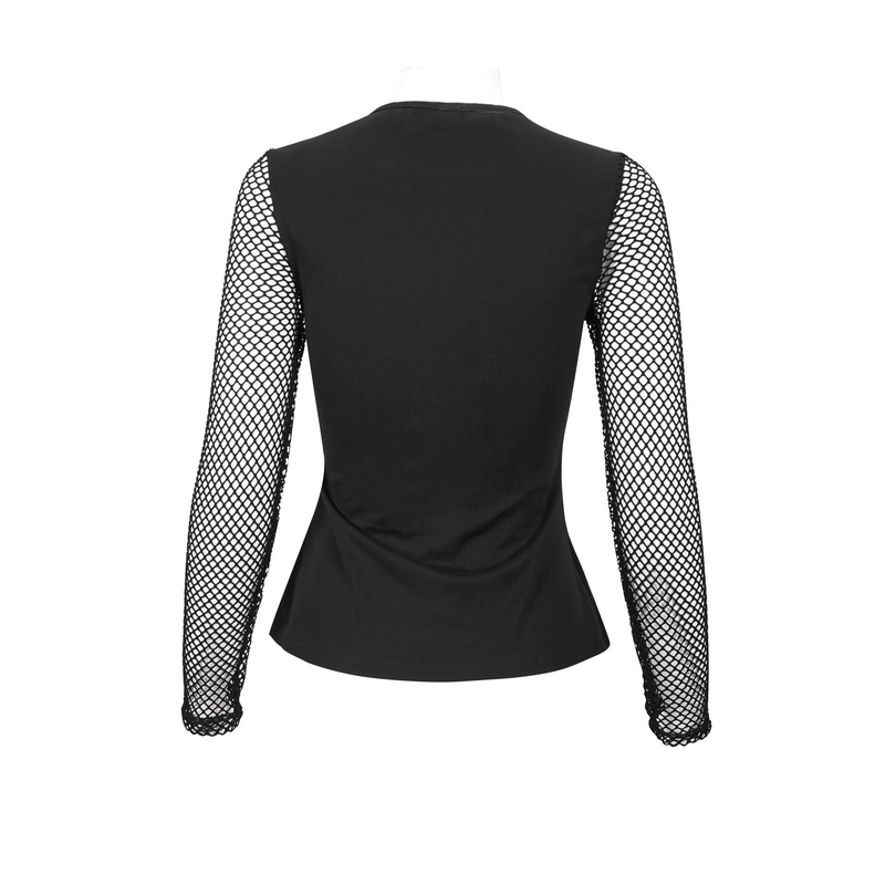 Back view of women's black gothic top with stylish mesh sleeves, perfect for a chic edgy look.