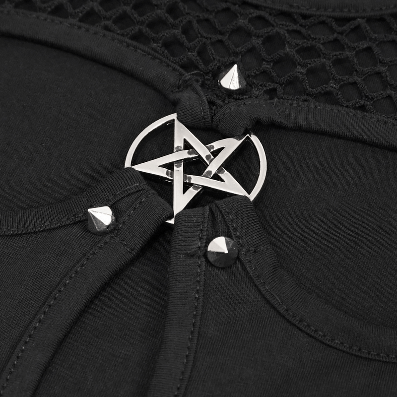 Close-up of black gothic top featuring pentagram detail and stud accents, perfect for stylish gothic fashion.