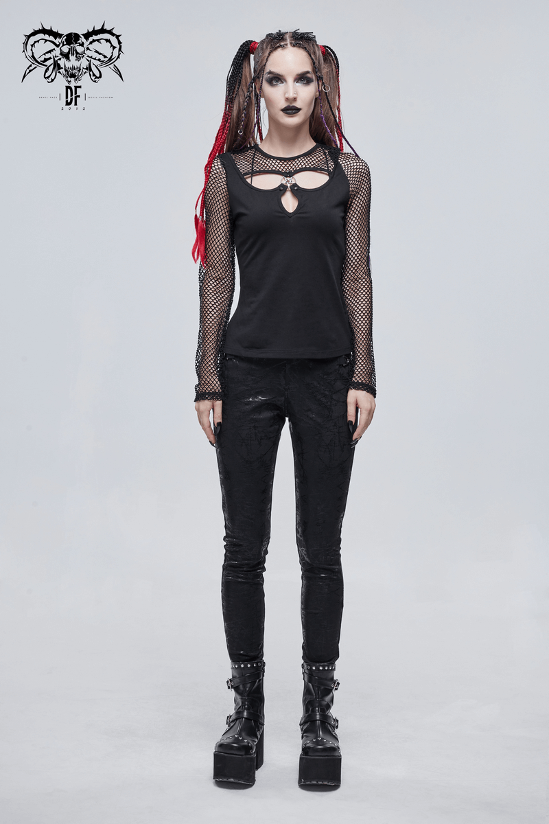 Gothic style women's black mesh top with pentagram and mesh sleeves, perfect for edgy fashion enthusiasts.