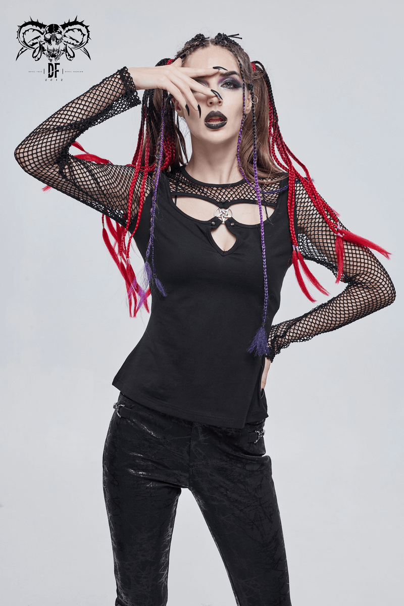 Women's gothic black mesh top with pentagram and stylish model posing confidently.