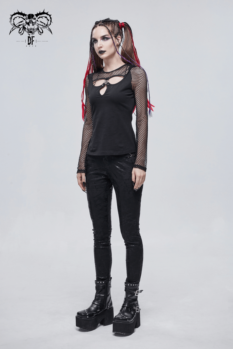 Model wearing a women's black gothic top with mesh sleeves and a pentagram, styled with edgy accessories.