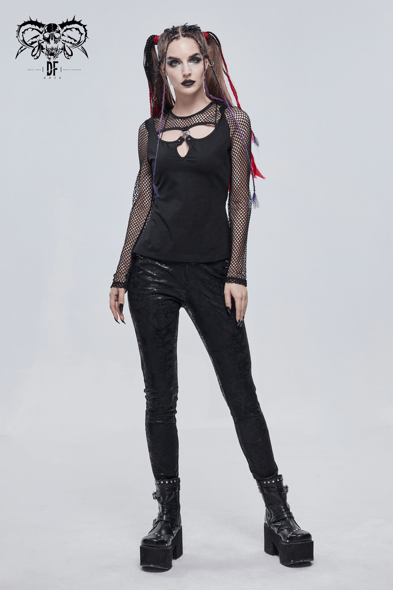 Gothic style women's black mesh long sleeves top featuring a pentagram and stylish model in edgy attire.