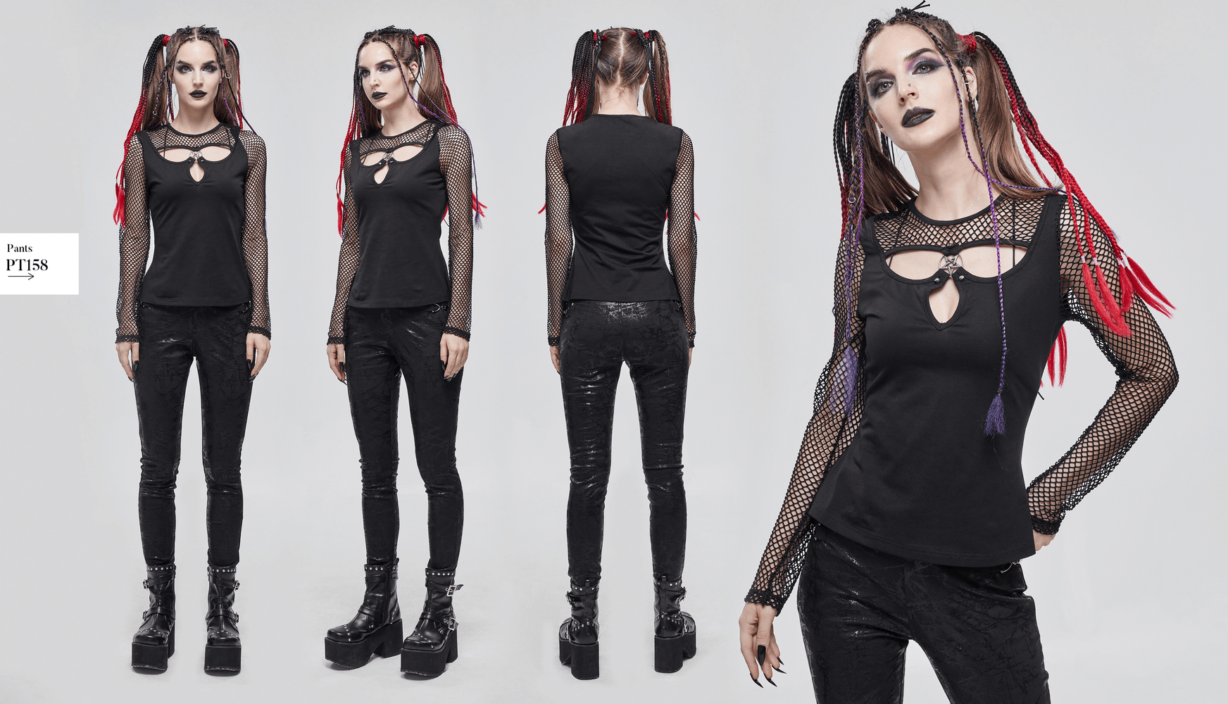 Stylish women's black gothic top with mesh sleeves and pentagram detail, perfect for edgy fashion lovers.