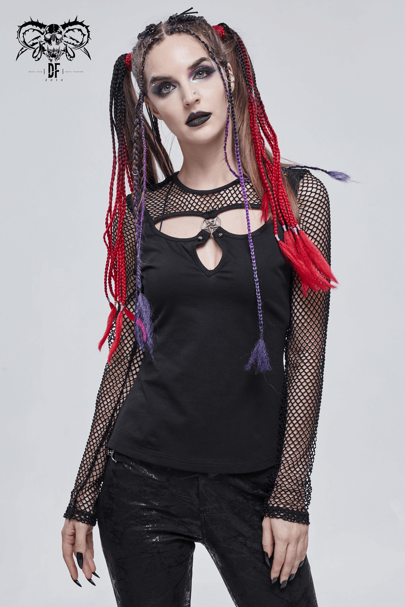 Gothic women's black mesh top with pentagram, stylish long sleeves, and braided hair, perfect for edgy fashion lovers.