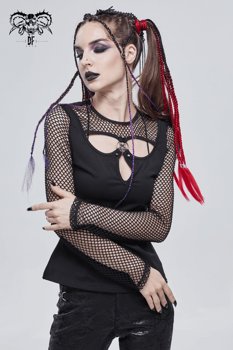 Gothic women's black long sleeve top with mesh sleeves and pentagram detail, showcased by stylish model.