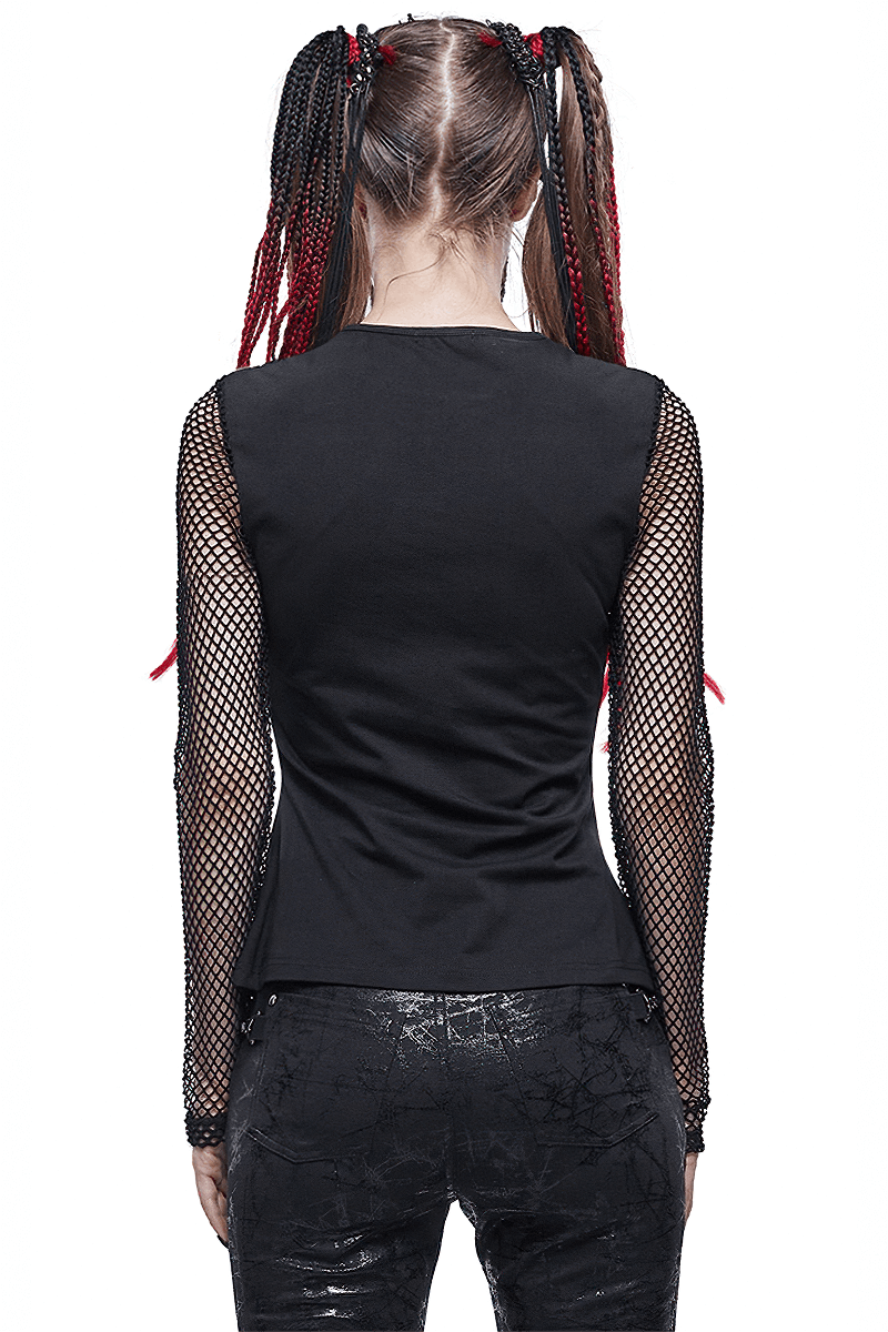 Women's Long Sleeves Top with Pentagram / Gothic Style Mesh Sleeves Black Top - HARD'N'HEAVY