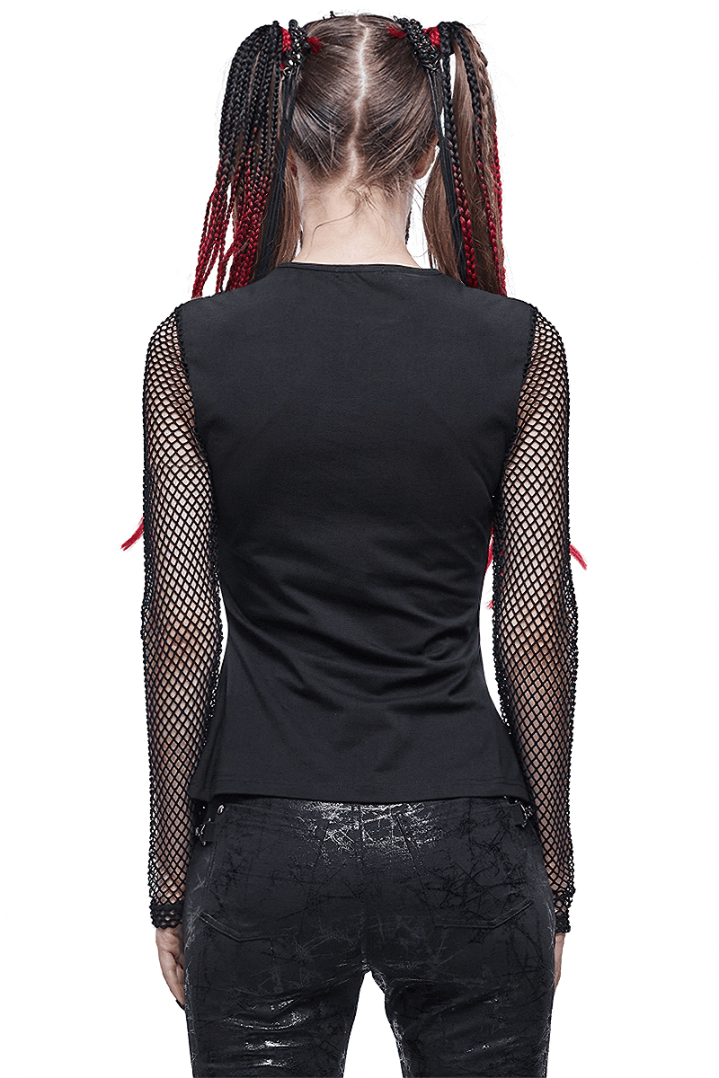 Back view of a women's black gothic top with mesh sleeves, featuring stylish pentagram details.