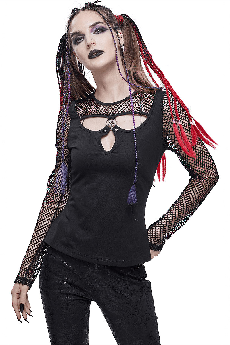 Gothic women's black mesh top with pentagram and stylish cutouts, perfect for an edgy look.