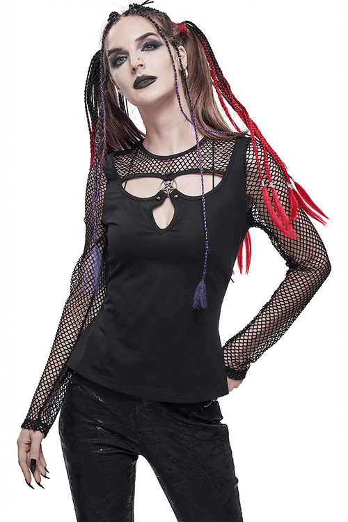 五芒星付き女性用長袖トップス / ゴシックスタイルのメッシュ袖 黒トップス