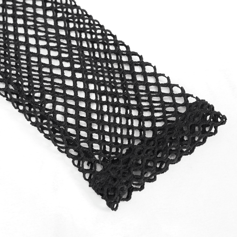 Close-up of black mesh fabric featuring an intricate net pattern for gothic style fashion.
