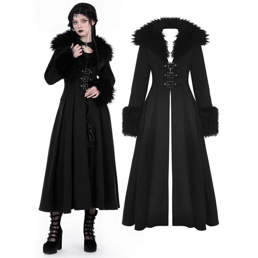 Dramatic women's long black trench coat with faux fur collar and cuffs, perfect for a stylish winter look.