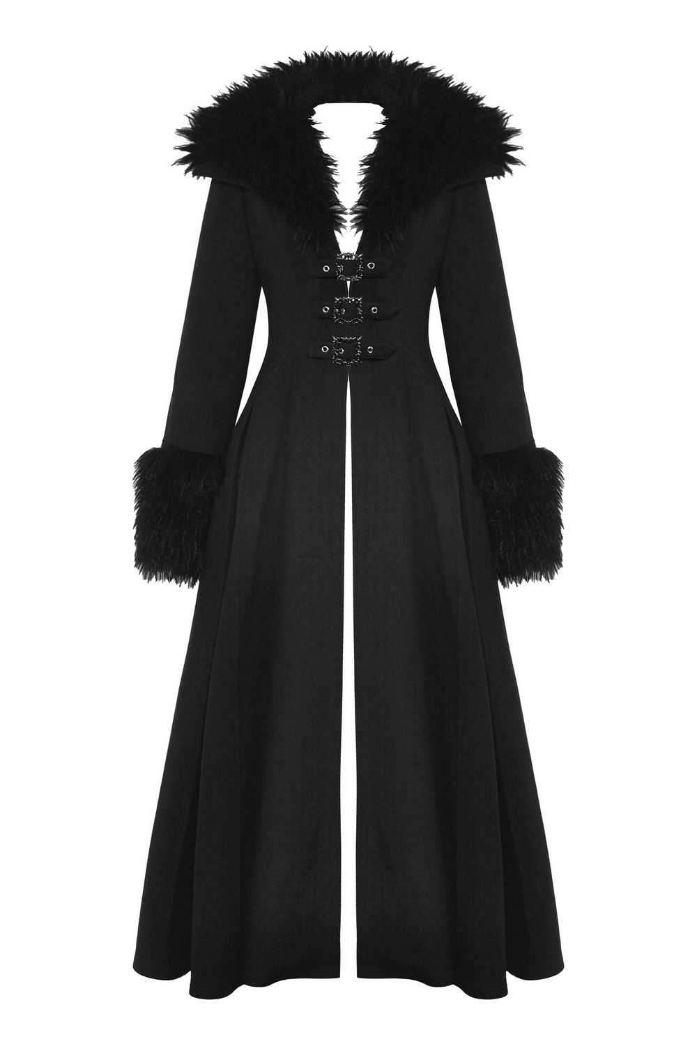 Elegant women's long black trench coat with faux fur collar and cuffs, perfect for winter fashion.