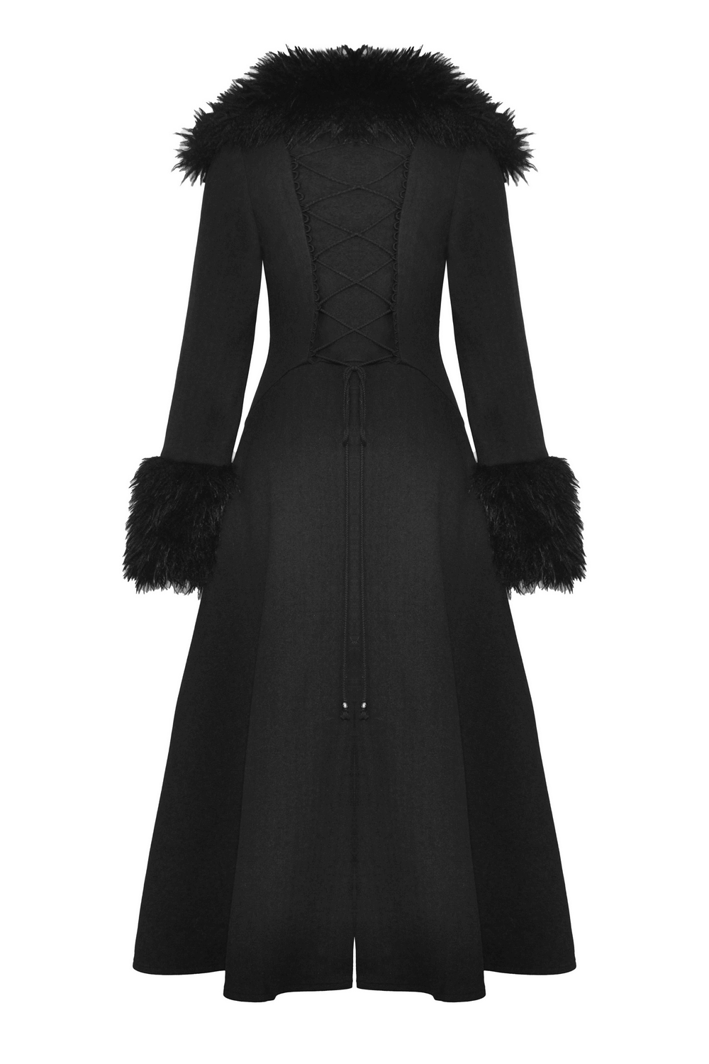 Elegant back view of a women's long trench coat with faux fur collar and cuffs, perfect for stylish winter outfits.