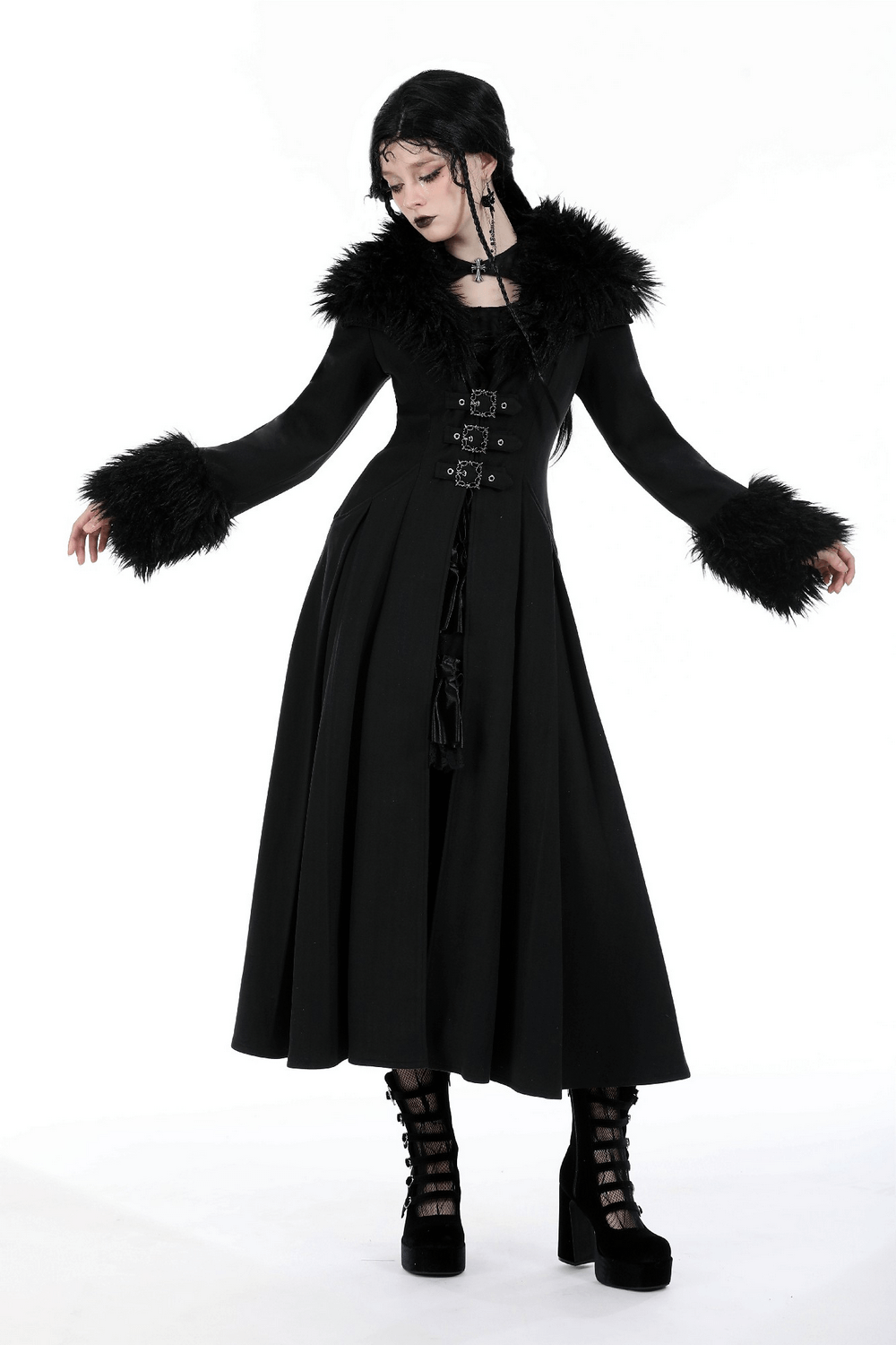 Stylish women's long black trench coat with faux fur collar and cuffs, perfect for winter fashion.