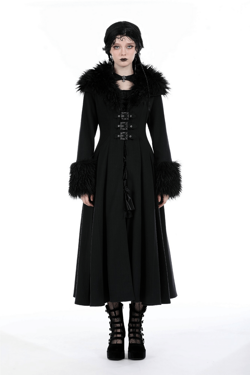 Women's Long Trench Coat with Faux Fur Collar and Cuffs