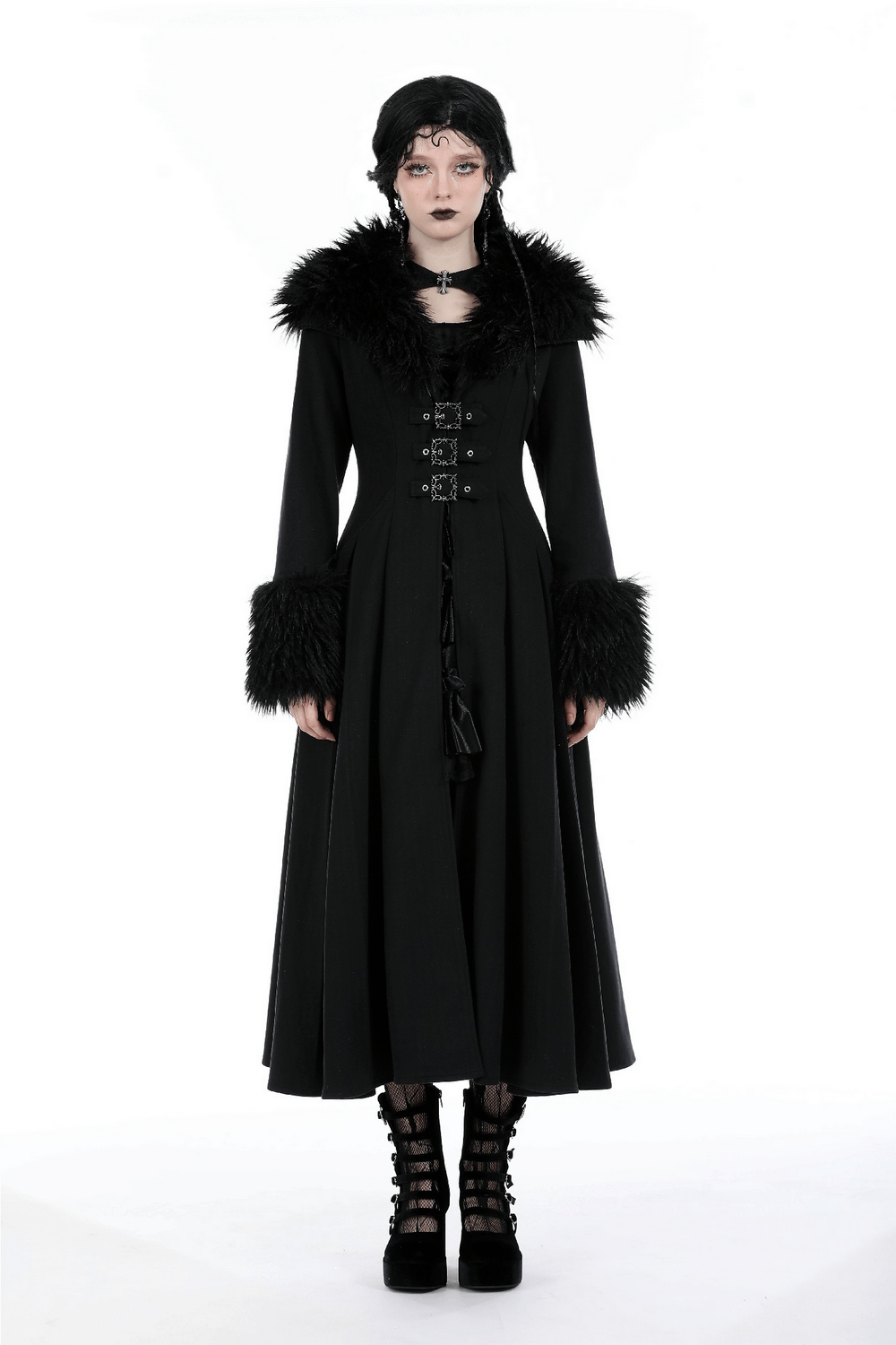 Elegant long black trench coat with faux fur collar and cuffs, perfect for a stylish winter look.