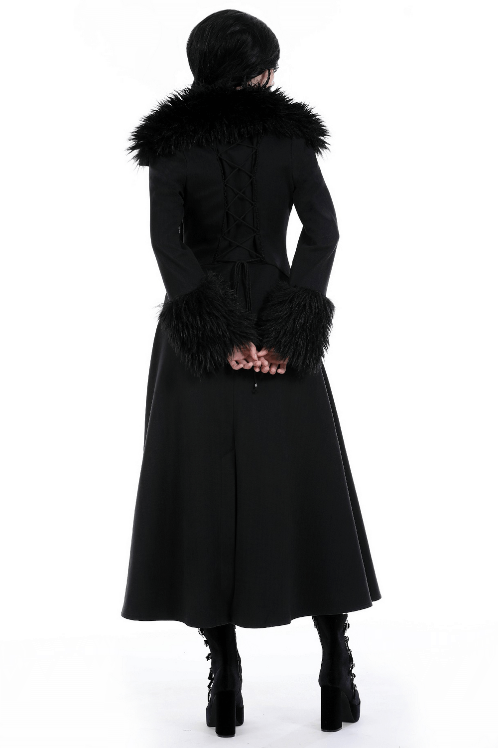 Women's Long Trench Coat with Faux Fur Collar and Cuffs