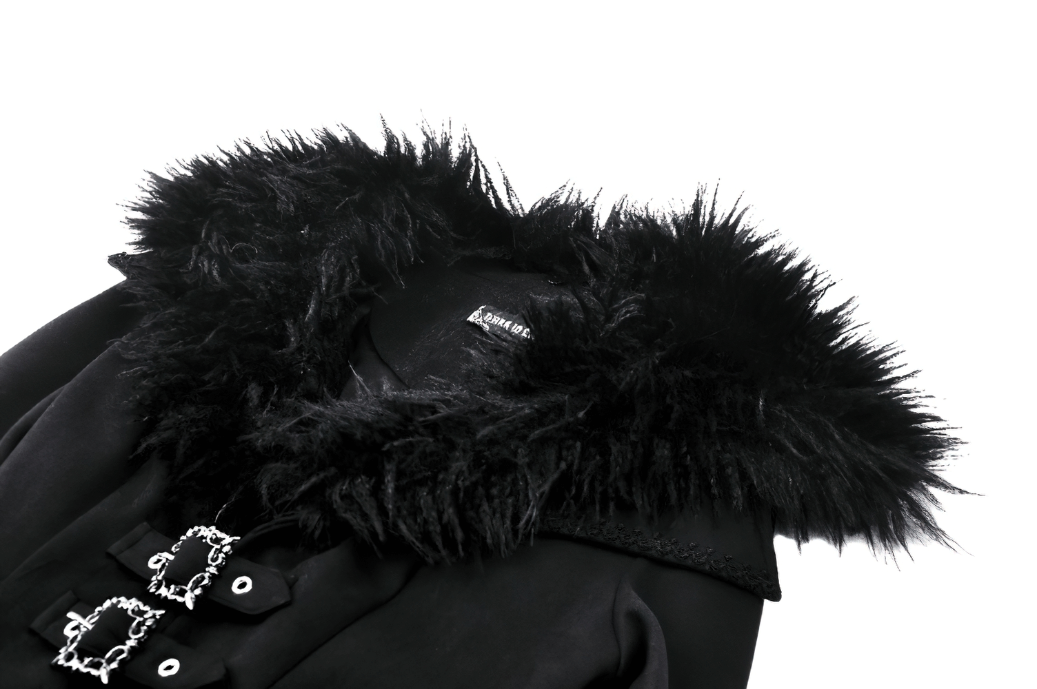 Close-up of black trench coat featuring dramatic faux fur collar and stylish buckles, perfect for winter fashion.