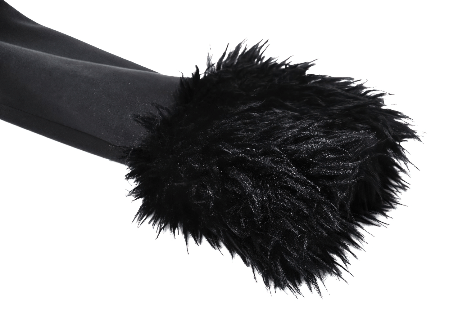 Close-up of black faux fur cuffs on a stylish long trench coat, adding a touch of luxury and elegance.