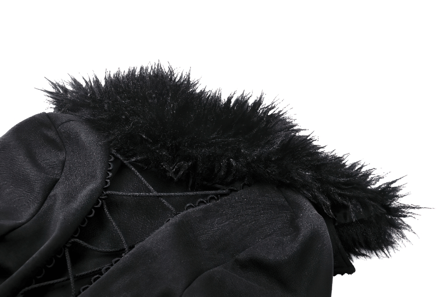 Close-up of black faux fur collar on a long trench coat, showcasing luxurious texture and elegance.
