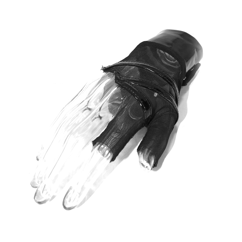 Stylish black mesh fingerless gloves with inner wrist snap fastenings, perfect punk accessory for a bold look.