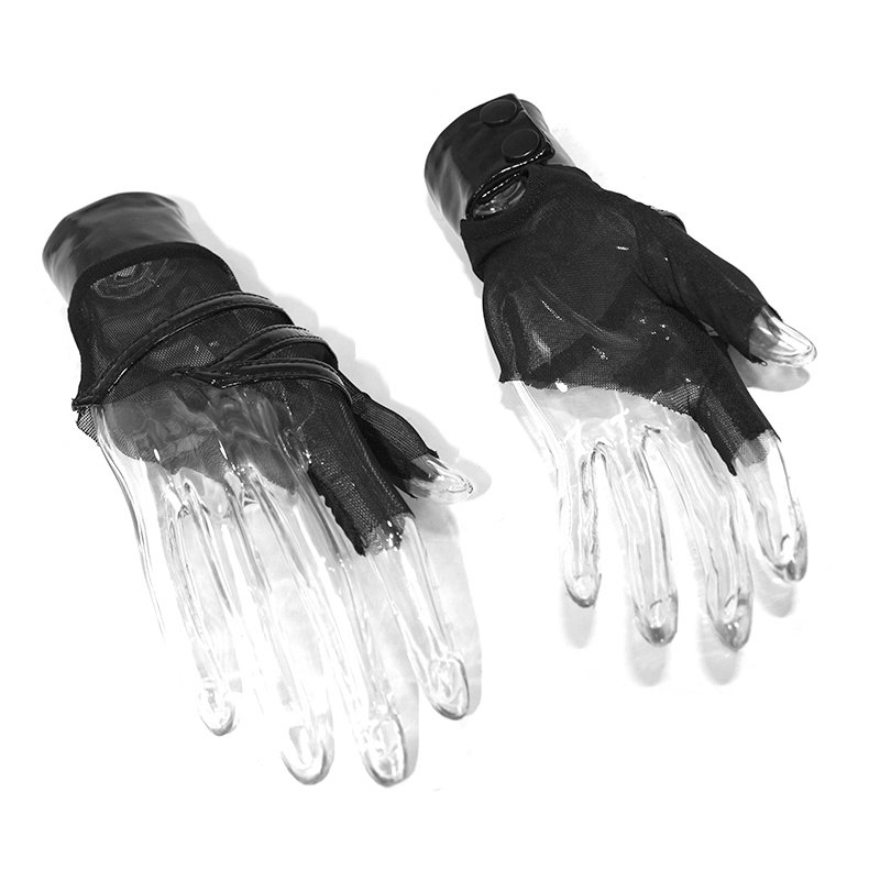 Stylish black mesh fingerless gloves with inner wrist snap fastenings, perfect for punk fashion lovers.