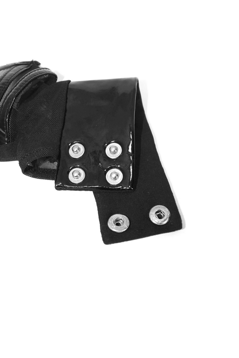 Close-up of black mesh fingerless gloves featuring snap fastenings, perfect for punk style outfits.